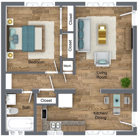 Floor plan for 1 bed, 1 bath, 617 sqft